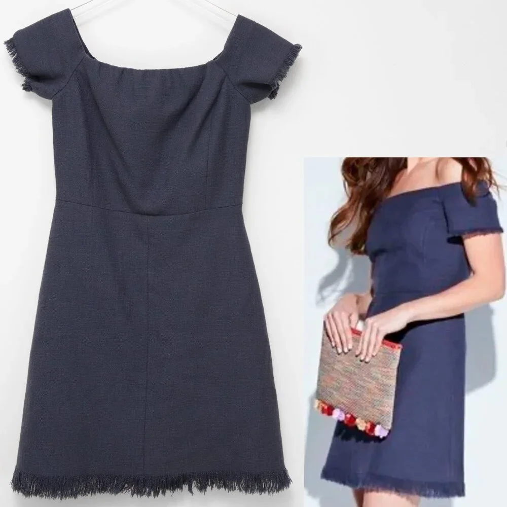 Rebecca Taylor Dress Off The Shoulder Slub Knit Fringe Mini Sheath Blue Size 2 - Picture 1 of 6